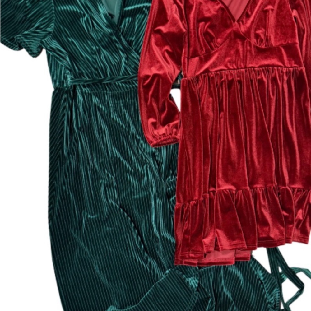 Velvet Dress Set - Red and Green Wrap Dress